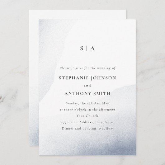 Monogram Stusty Blue Waterverf Wash Weddenschap Kaart (Voorkant / Achterkant)