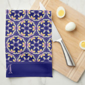 Monogram Stylish Indigo Spaans-Mediterrane Tile Theedoek (Quarter Fold)