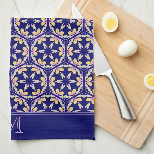 Monogram Stylish Indigo Spaans-Mediterrane Tile Theedoek (Quarter Fold)