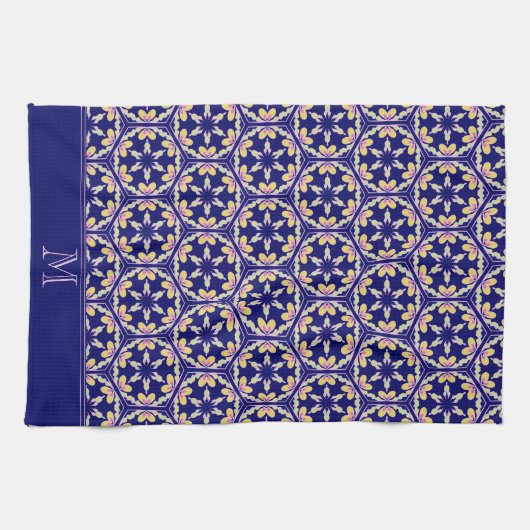 Monogram Stylish Indigo Spaans-Mediterrane Tile Theedoek (Horizontaal)