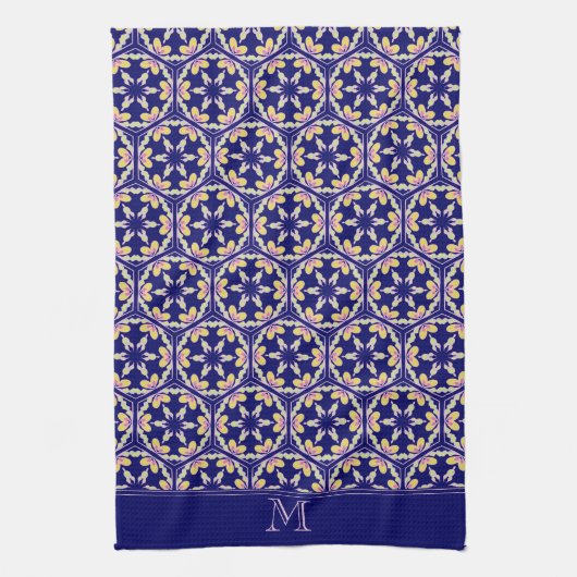 Monogram Stylish Indigo Spaans-Mediterrane Tile Theedoek (Verticaal)