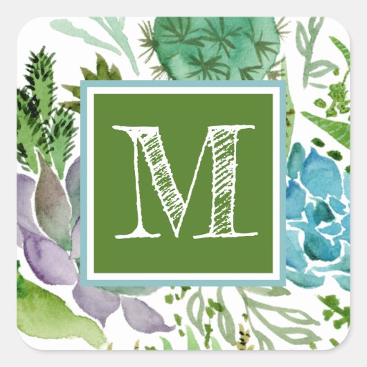 Monogram | Succulent veld I Vierkante Sticker (Voorkant)