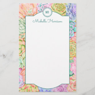 Monogram Succulente Waterverf Kleurrijke pasta Briefpapier