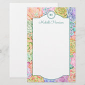 Monogram Succulente Waterverf Kleurrijke pasta Briefpapier (Voorkant / Achterkant)