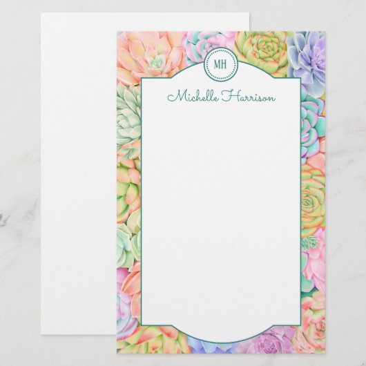 Monogram Succulente Waterverf Kleurrijke pasta Briefpapier (Voorkant / Achterkant)