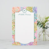 Monogram Succulente Waterverf Kleurrijke pasta Briefpapier (Staand voorkant)