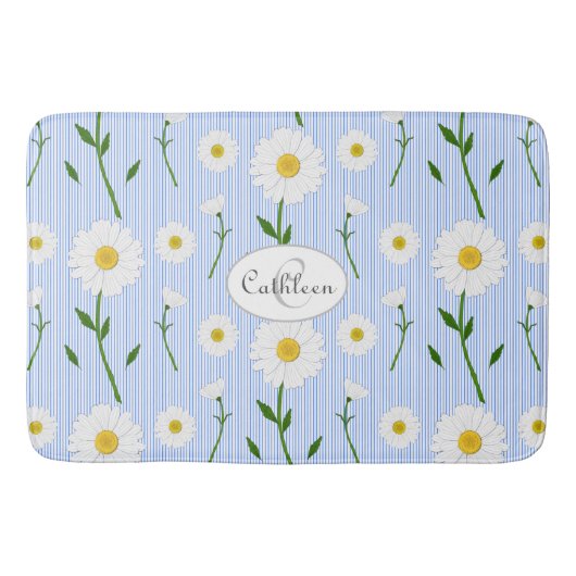 Monogram Summer Daisies Pattern Light Blue Stripe Badmat (Voorkant)