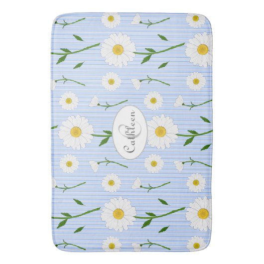 Monogram Summer Daisies Pattern Light Blue Stripe Badmat (Voorkant Verticaal)