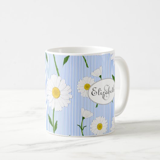 Monogram Summer Daisies Pattern Light Blue Stripe Koffiemok (Voorkant rechts)