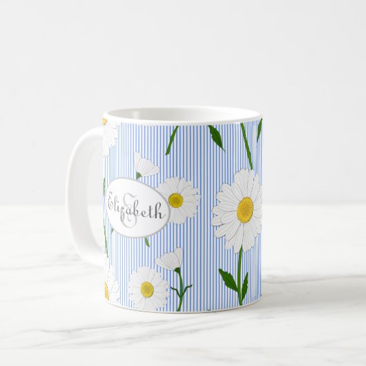 Monogram Summer Daisies Pattern Light Blue Stripe Koffiemok (Voorkant links)