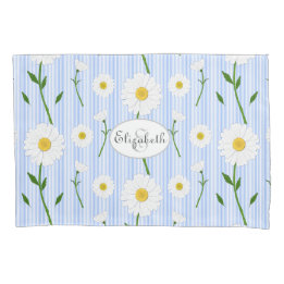 Monogram Summer Daisies Pattern Light Blue Stripe Kussensloop