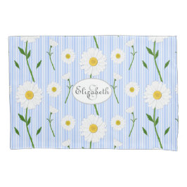 Monogram Summer Daisies Pattern Light Blue Stripe Kussensloop