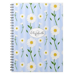 Monogram Summer Daisies Pattern Light Blue Stripe Notitieboek