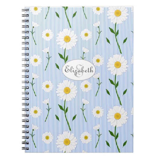 Monogram Summer Daisies Pattern Light Blue Stripe Notitieboek (Voorkant)