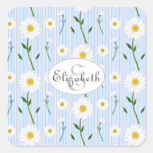 Monogram Summer Daisies Pattern Light Blue Stripe