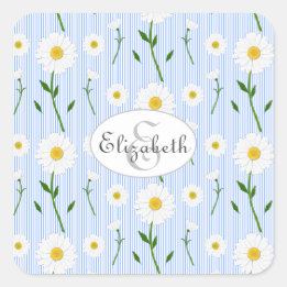 Monogram Summer Daisies Pattern Light Blue Stripe Vierkante Sticker