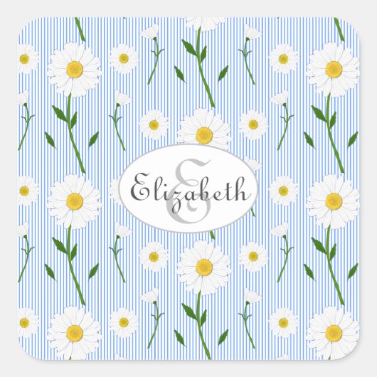 Monogram Summer Daisies Pattern Light Blue Stripe Vierkante Sticker (Voorkant)