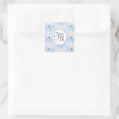 Monogram Summer Daisy floral Pattern Blue Stripe Vierkante Sticker (Tas)