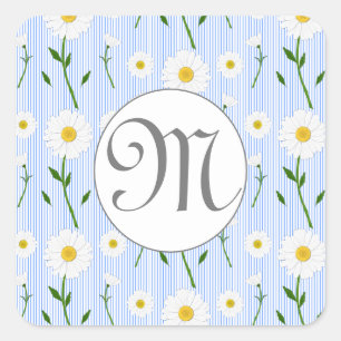Monogram Summer Daisy floral Pattern Blue Stripe Vierkante Sticker
