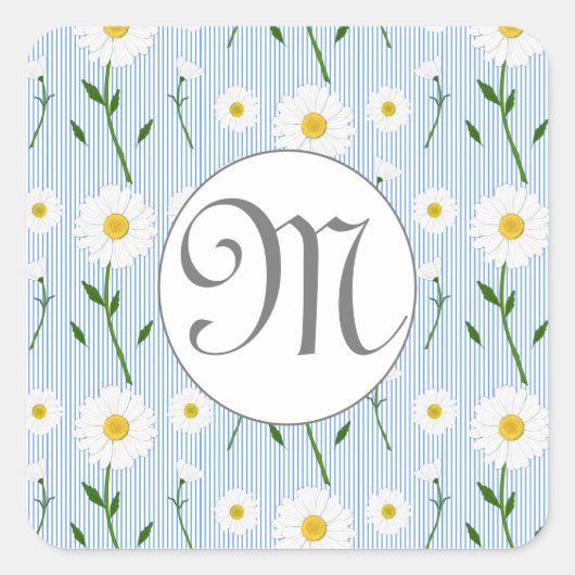 Monogram Summer Daisy floral Pattern Blue Stripe Vierkante Sticker (Voorkant)