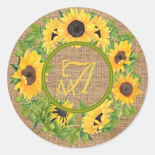 Monogram Sunflowers Patroon Decoratie Ronde Sticker (Voorkant)