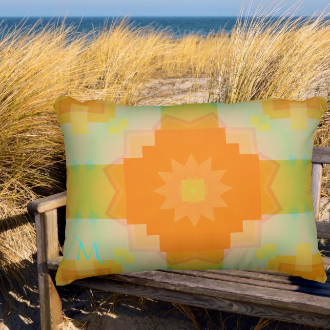 Monogram Sunny Summer Pattern Outdoor Pillow Buitenkussen (Pillow featuring a modern geometric pattern in warm sunny orange, yellow and fresh green)