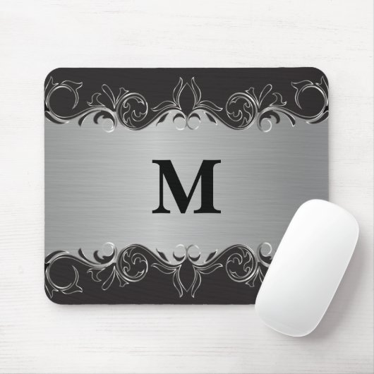 Monogram Swirl Zwart en Zilver Ontwerp Muismat (Met muis)