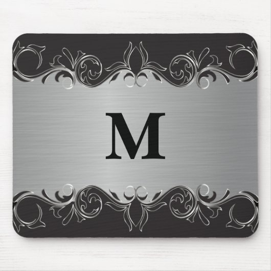 Monogram Swirl Zwart en Zilver Ontwerp Muismat (Voorkant)