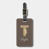 Monogram T bruine houten letter bloem Bagage Label (Voorkant verticaal)
