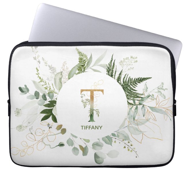 Monogram T Elegant Greenery Laptop Mouw Laptop Sleeve (Voorkant)