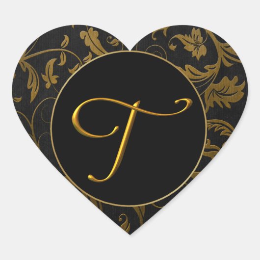 Monogram T Goud en Zwart Damask Trouwzegel Hart Sticker (Voorkant)