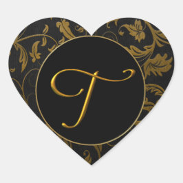 Monogram T Goud en Zwart Damask Trouwzegel Hart Sticker