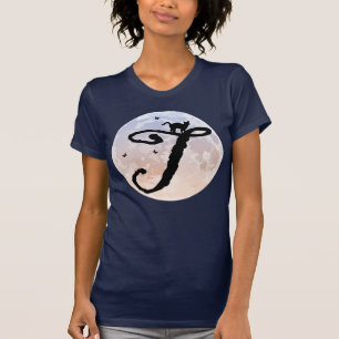 Monogram T-Initiaal met volledige maan en kat T-shirt