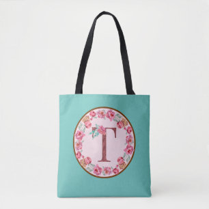 Monogram T Letter met Peony Flower Afbeelding Canv Tote Bag