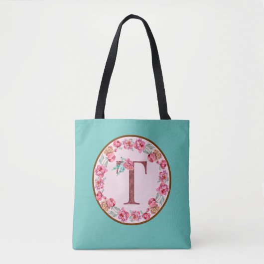 Monogram T Letter met Peony Flower Afbeelding Canv Tote Bag (Voorkant)
