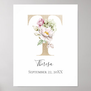 Monogram T Roze Wit Bloemendecor Gouden Letter Kin Poster