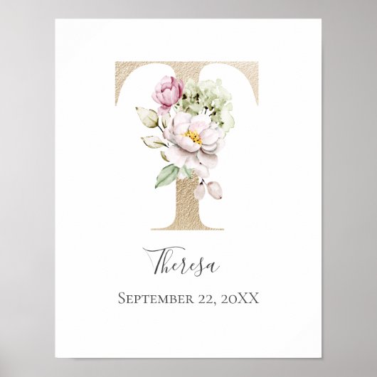 Monogram T Roze Wit Bloemendecor Gouden Letter Kin Poster (Voorkant)