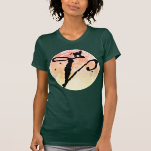 Monogram T-shirt met volle maan en kat V Initiaal