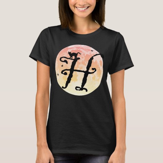 Monogram T-shirt met volledig maan en kat H-Initia (Voorkant)