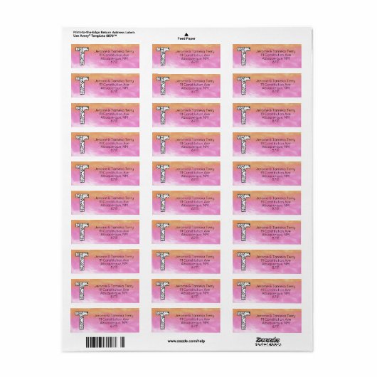 Monogram "T" Sinaasappel Roze Waterverf Etiket (Full Sheet)