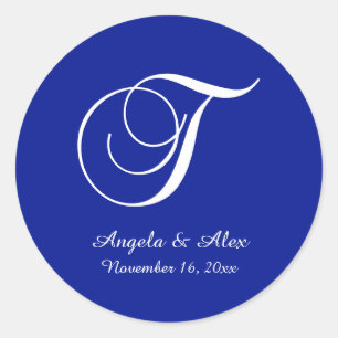Monogram T van het witte en Koninklijke Blauwe Dec Ronde Sticker
