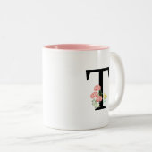 monogram T waterverf bloemen roze spray Tweekleurige Koffiemok (Voorkant rechts)