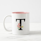 monogram T waterverf bloemen roze spray Tweekleurige Koffiemok (Links)