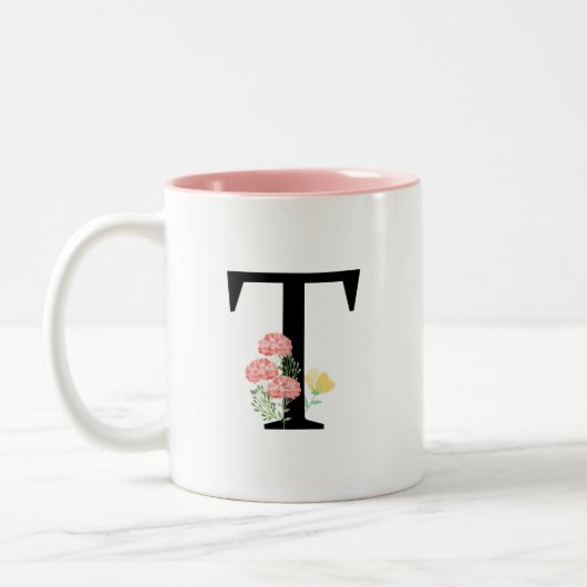 monogram T waterverf bloemen roze spray Tweekleurige Koffiemok (Links)