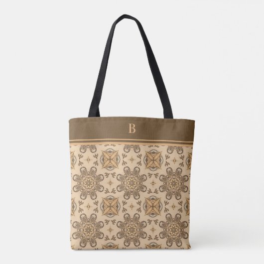Monogram Tan Brown Abstract Boho Flower Pattern Tote Bag (Achterkant)