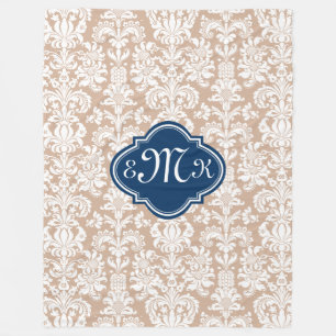 Monogram Tan en witte Floral Damaskers Fleece Deken