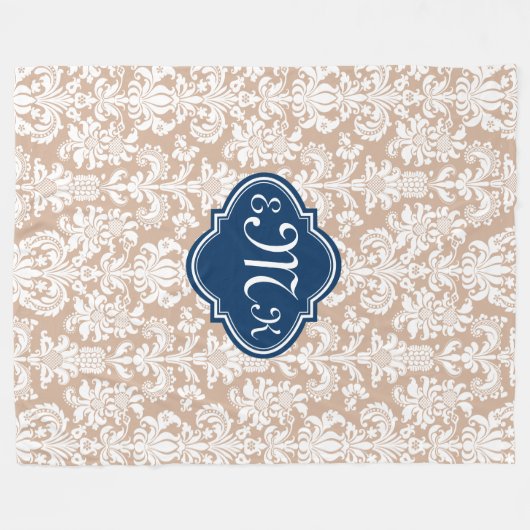 Monogram Tan en witte Floral Damaskers Fleece Deken (Voorkant (Horizontaal))