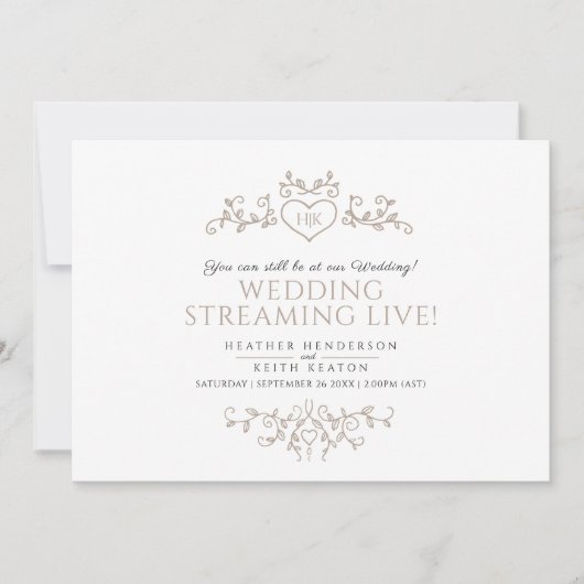Monogram tan witte bruiloft levende stroom QR-code Aankondiging (Voorkant)