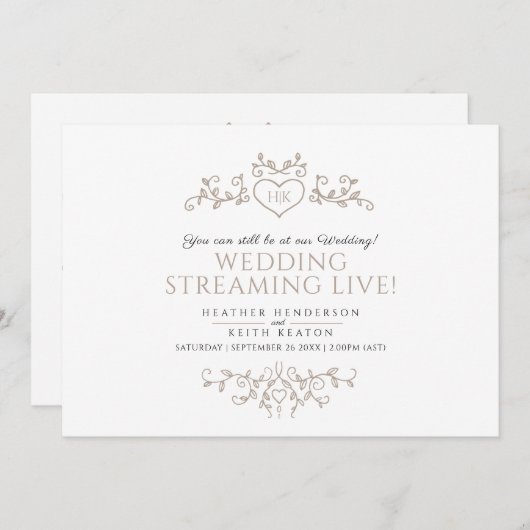 Monogram tan witte bruiloft levende stroom QR-code Aankondiging (Voorkant / Achterkant)