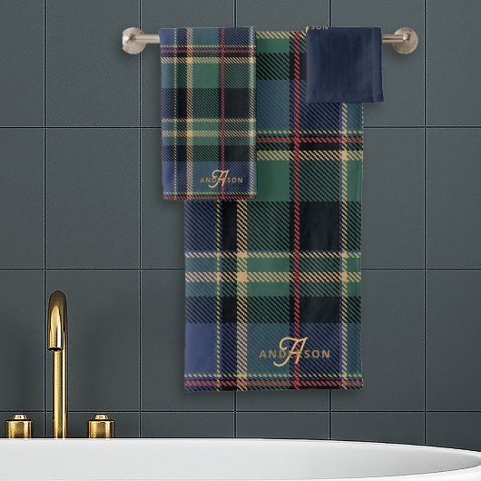 Monogram Tartan Navy Blauwe Groene ID1141B Bad Handdoek